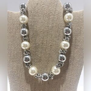 Large Faux Pearl & Silver Tone Beads Statement Necklace 17" + 3" Extender